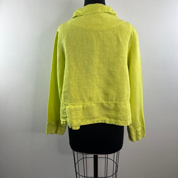 OSKA Lagenlook Bright Green Yellow Top Linen Collared Long Sleeve Jacket Size 2 - Picture 4 of 9